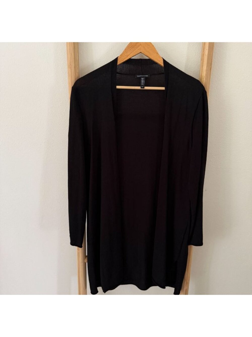 Eileen Fisher Open Front Long Cardigan Black Sheer Lightweight Medium
